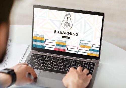 E-Learning Concept. Male Student Browsing Educational Website On Laptop While Sitting At Desk At Home, Unrecognizable Man Study Remotely With Computer, Having Online Lesson, Creative Collage